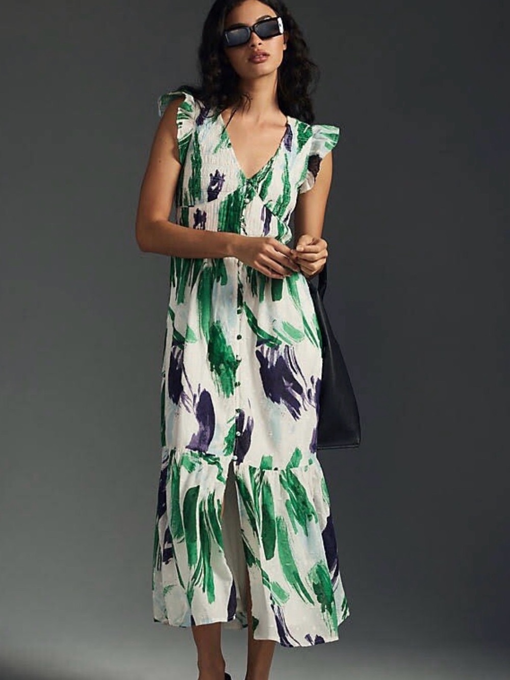 Green & White Brushstroke V-Neck Maxi Dress